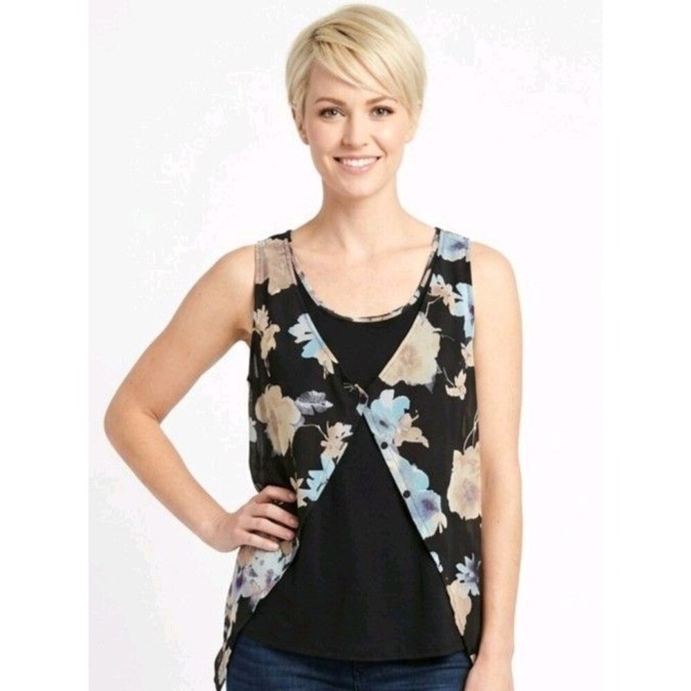 Simply Vera Vera Wang Womens Top Large Black Floral Fly Away Front Sleeveless